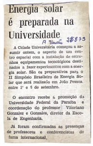 recorte do jornal "A União" de 25 de agosto de 1975: Energia Solar é preparada na UFPB - Acervo AAP